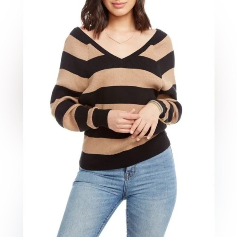 NWT Chaser Stripe V-Neck Sweater Women Small Tan Black 100% Cotton